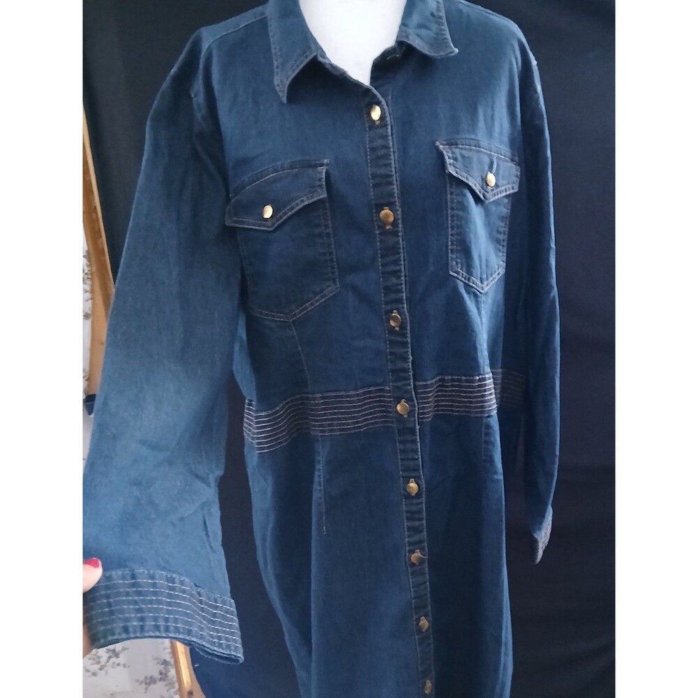 Deja Blue Premium Long Sleeve Button Down Western Style Jean Dress 16 - Picture 3 of 8